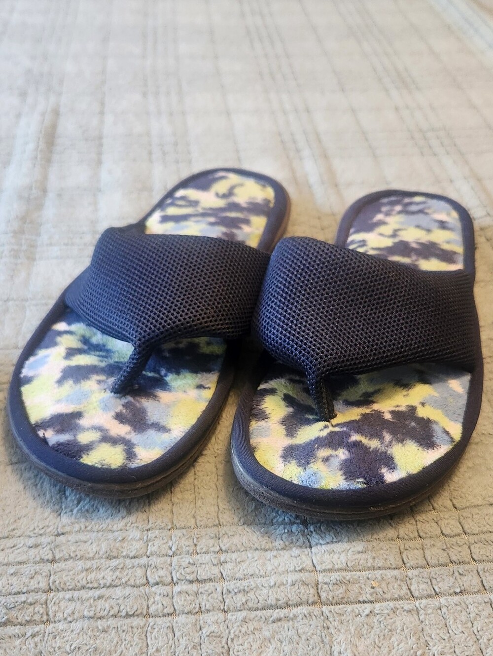 Dearfoams Blue/Green Terry Thong Flip Flop House Slipper, 11-12, XL